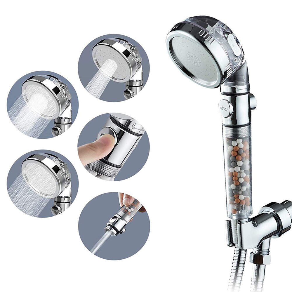 Hot Bathroom 3 Modes High Pressure Adjustment Ionic Mineral Anion on/Off Switch Button Water Saving Handheld Shower Head Filter
