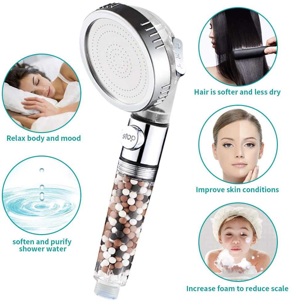 Bathroom 3 Modes High Pressure Adjustment Ionic Mineral Anion on/Off Switch Button Water Saving Handheld Shower Head