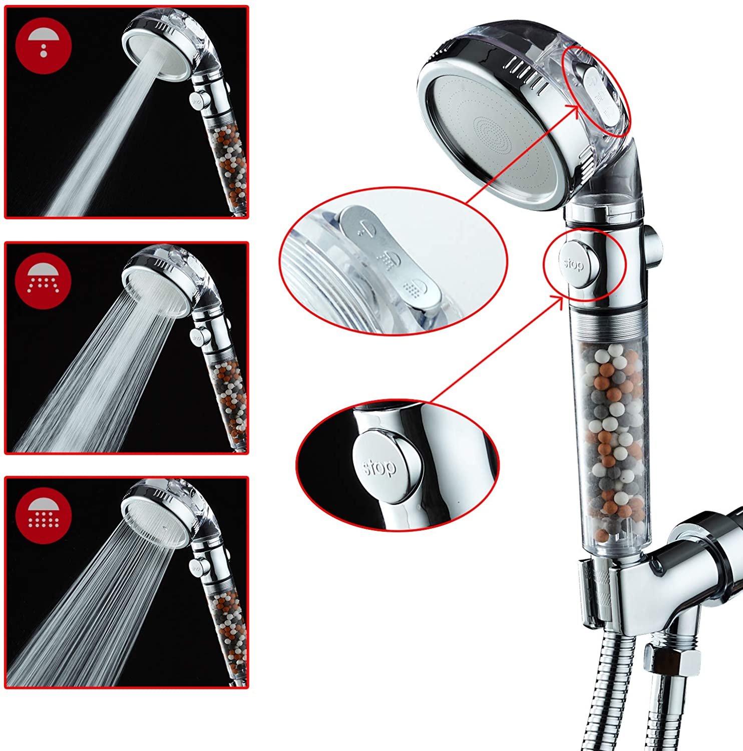Bathroom 3 Modes High Pressure Adjustment Ionic Mineral Anion on/Off Switch Button Water Saving Handheld Shower Head