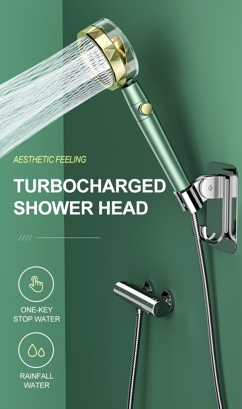 Shower Head High Pressure 2021 New Style Green High Pressure Rotate Shower Head with Holder and Hose Propeller Shower Head Eco