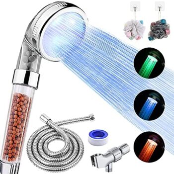 Shower Head with Handheld, Shower Head High Pressure Shower Head with Hose, Holder & PTFE Tape etc, 3 Water Temperature-Controlled Water Saving Filtered Shower Head for Dry Skin& Hair – –