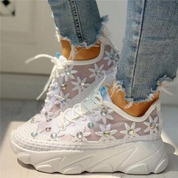 Women’s Mesh Rhinestone Platform With Wedges And Hollowed Out Sneakers
