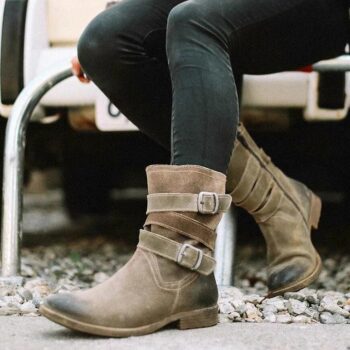 Women’S Vintage Mid-Calf Winter Boots Zipper Booties With Adjustable Buckle