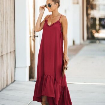 Women Sleeveless Sling Dress with Stitching Hemline Solid Color Maxi Dress*Women’s Fashion*