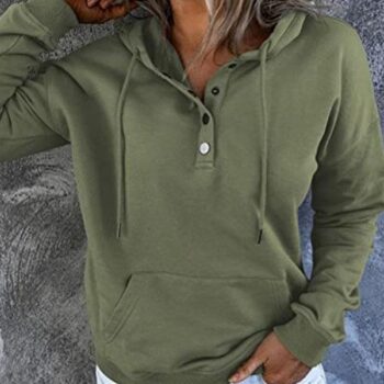 Women Solid Drawstring Button Hoodie Long Sleeve Top with Pocket