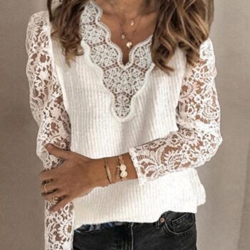Women Solid Lace V-Neck Sexy Sweaters