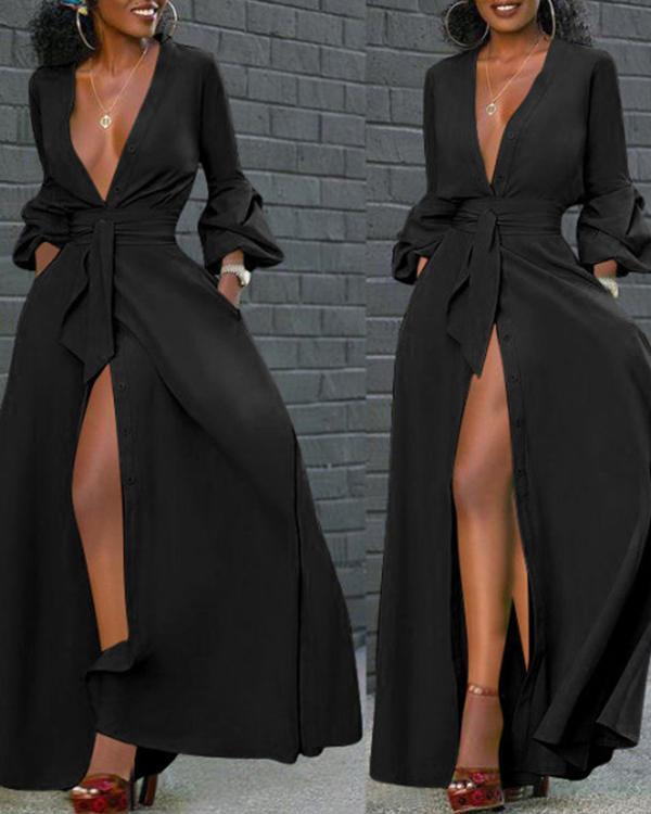 Vintage V Neck Long Sleeve Slit Maxi Dress*Women's Fashion* - Tk Shop