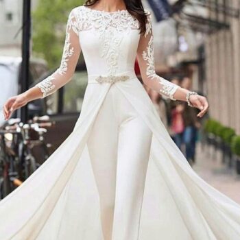 White Jumpsuits Pants Long Sleeve Wedding Dresses Lace Satin With Overskirts | For Women