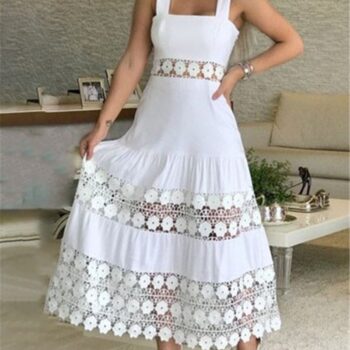 White lace hollowed-out holiday sleeveless dress