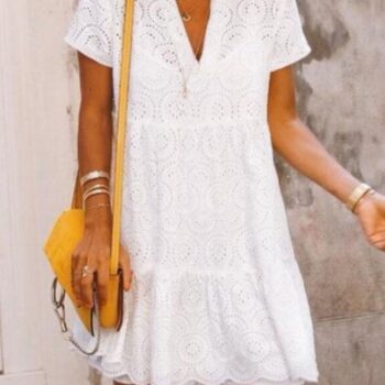 White loose women v-neck embroidery lace dress