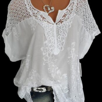 Women Casual Lace V Neck Embroidered Short Sleeve Plus Size Blouses Tops