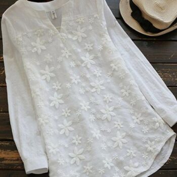 Women Casual Long Sleeve Floral Embroidery Patchwork Irregular Blouses Tops*Women’s Fashion*