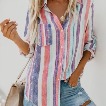 Women Casual Rainbow Striped Button Loose Blouse Tops | For Women