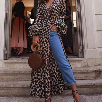 V Neck Leopard Design Loose Causal Maxi Dress Tops | For Women