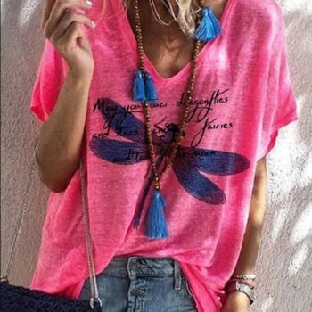 V neck loose pure color with dragonfly printed t-shirt