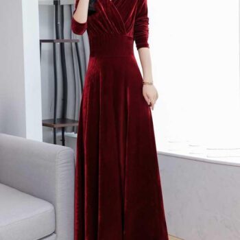 V neck plain slim defined waist velvet dress
