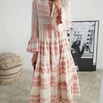 Vintage Boho Print Dress Flare Sleeve Ruffled Hem Maxi Dress