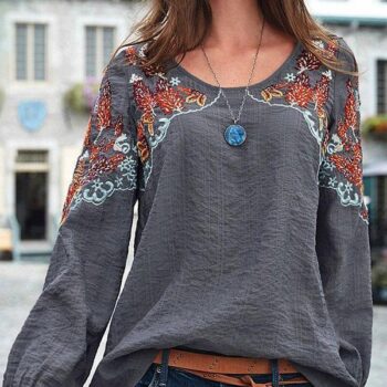 Vintage Embroidery Floral Long Sleeve Casual Blouse Tops