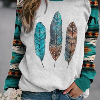 Women’s Western Ethnic Feather Print Sweatshirt**