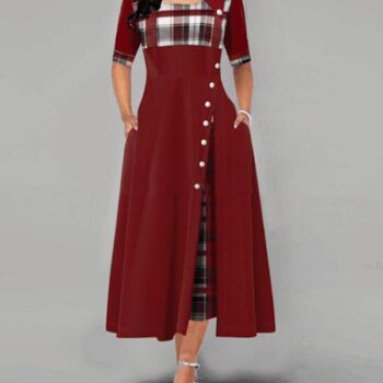 Women’s Plaid Patched Irregular Pleated Short Sleeves Maxi Dress**