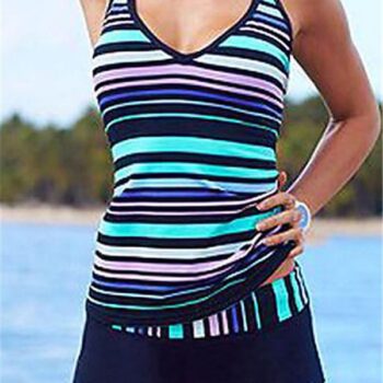 Women’s Plus Size Sporty Halter Neck Striped Print Tankini Swimwear
