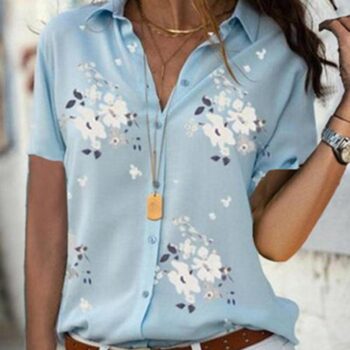 Turn Down Collar  Loose Fitting  Floral Printed Blouses