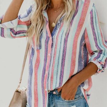 Turn Down Collar  Single Breasted  Striped  Blouses