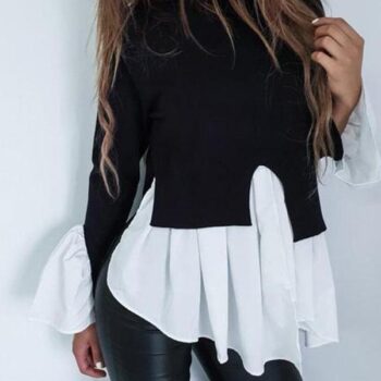 Turtle Neck Long Flare Sleeve Color Block Patchwork T-Shirts