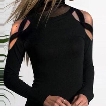 Turtle Neck Mesh Patchwork Hollow Out Long Sleeve T-Shirts