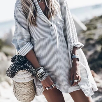 V Neck  Single Breasted  Striped  Long Sleeve Casual Dresses