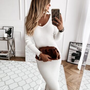 Solid Long Sleeves Bodycon Casual Midi Dresses**