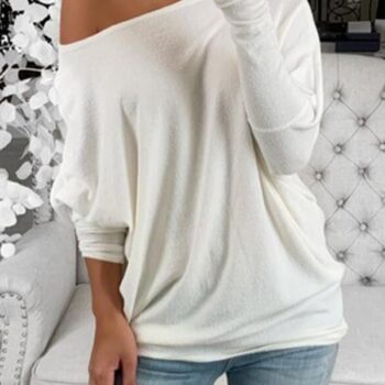 Solid One-Shoulder Batwing Sleeve Long Sleeves Casual T-shirts**